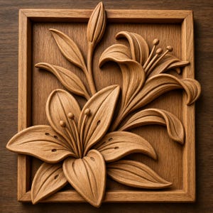 May include: A wooden relief carving of lilies, set within a square frame. The artwork depicts two open flowers, a closed bud, and leaves, all in natural wood tones. The carving highlights the wood's grain and texture with its detailed design.
