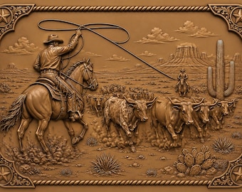 Cowboy Cattle Roundup 3D Relief STL | Western CNC Wood Carving File | Ranch Bas Relief Model