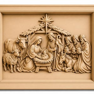 May include: A wooden relief carving depicting the Nativity scene. The artwork features figures of Mary, Joseph, baby Jesus, the Three Wise Men, animals, and a star. The relief is framed in a light brown wooden border.