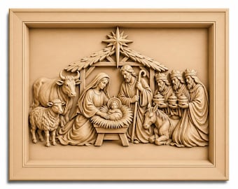 May include: A wooden relief carving depicting the Nativity scene. The artwork features figures of Mary, Joseph, baby Jesus, the Three Wise Men, animals, and a star. The relief is framed in a light brown wooden border.