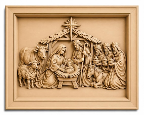 Nativity Scene Baby Jesus 3D Relief STL | Christian Wood Carving File (Digital Download)