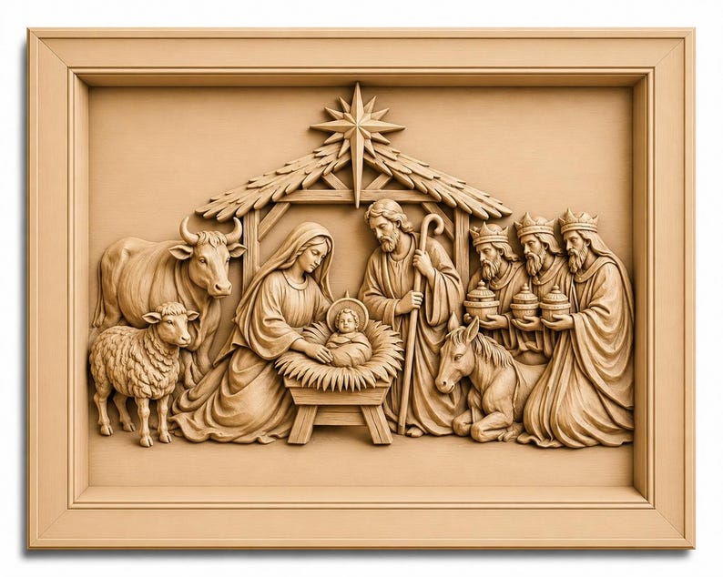 May include: A wooden relief carving depicting the Nativity scene. The artwork features figures of Mary, Joseph, baby Jesus, the Three Wise Men, animals, and a star. The relief is framed in a light brown wooden border.
