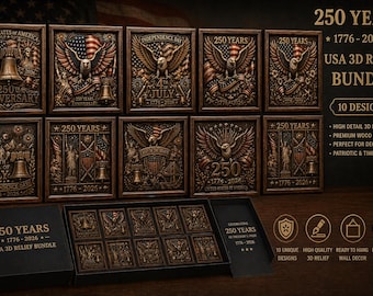 May include: A collection of ten intricately carved wooden plaques, each framed and featuring patriotic American symbols like eagles, flags, and the Liberty Bell. The plaques are part of a "250 Years USA 3D Relief Bundle."