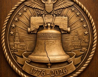 Puede incluir: Escultura en relieve de color bronce que representa la Campana de la Libertad con el texto "PROCLAIM LIBERTY FOR ALL TO HEAR". Un águila corona la campana, y las fechas "1776-2026" se muestran debajo. El diseño incluye estrellas, edificios y un borde similar a una cuerda.