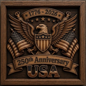 May include: A wooden plaque with a carved design celebrating the 250th anniversary of the USA. The design includes an eagle, American flags, a shield, and the years 1776-2026. The words "250th Anniversary" and "USA" are also carved into the wood.