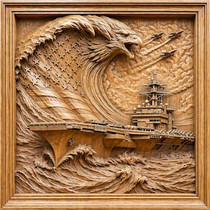 May include: A detailed wooden carving depicting an American flag wave with an eagle's head, a naval aircraft carrier, and jets. The artwork is framed in a natural wood tone, showcasing intricate details and textures.