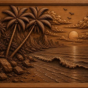 May include: A rectangular wooden wall art piece featuring a detailed relief carving of a tropical beach scene. The carving depicts two prominent palm trees on a rocky shoreline, a calm ocean with a single wave, a setting sun, and three birds in flight.