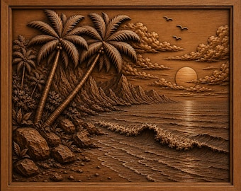 Tropical Beach Sunset STL File, Ocean Wave 3D Relief CNC Carving, Palm Tree Coastal Wood Wall Art STL