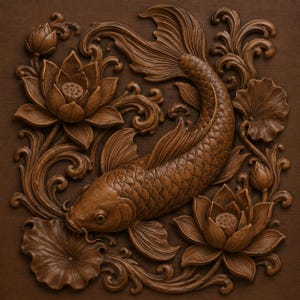 Könnte beinhalten: Ein quadratisches Wandpaneel aus Holz mit einer detaillierten Reliefschnitzerei eines Koi-Karpfens, der zwischen Lotusblüten und Seerosenblättern schwimmt. Das Kunstwerk zeigt komplexe Texturen auf den Fischschuppen, Blütenblättern und dem Laub.