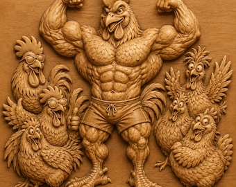 Muscular Rooster 3D Relief STL | Funny Chicken CNC Wood Carving File | Farm Bas Relief Model