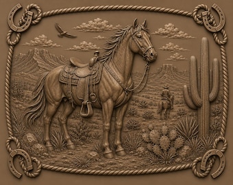 Saddled Horse Desert 3D Relief STL | Western CNC Wood Carving File | Ranch Bas Relief Model