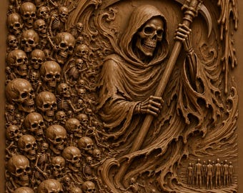 Grim Reaper Skull Swirl 3D Relief STL | Halloween CNC Wood Carving File | Gothic Bas Relief