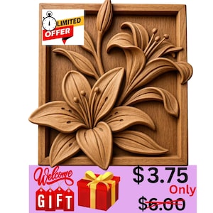Welcome Gift | Lily Flower 3D Relief STL | Botanical CNC Wood Carving File (Digital Download) image 1
