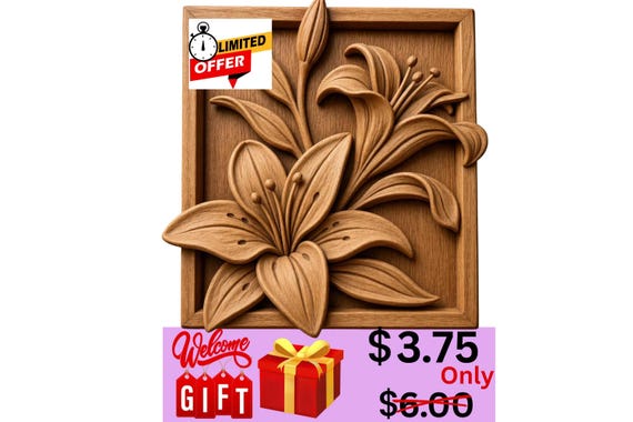 Welcome Gift | Lily Flower 3D Relief STL | Botanical CNC Wood Carving File (Digital Download)