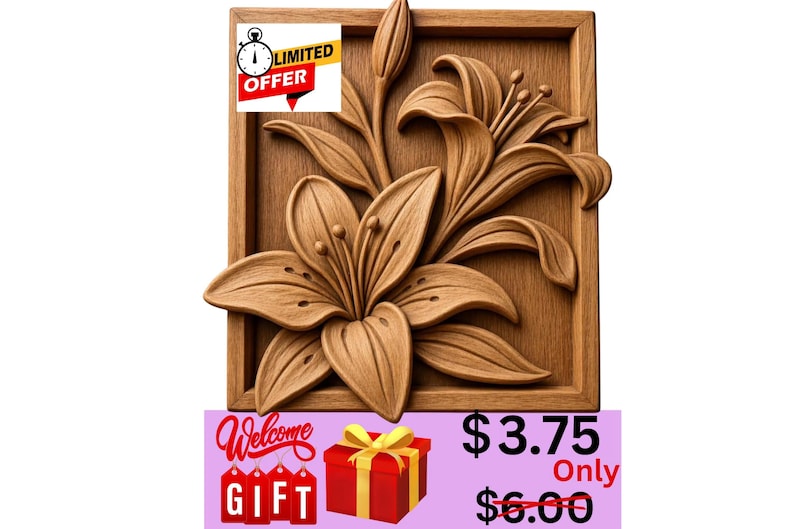 Welcome Gift | Lily Flower 3D Relief STL | Botanical CNC Wood Carving File (Digital Download) image 1