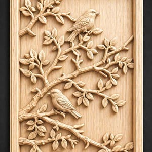 May include: Wooden wall art with a relief carving of two birds on branches with leaves. The birds and foliage are carved in natural wood tones, set within a framed rectangular panel. The artwork has a nature-inspired theme, suitable for home decor.