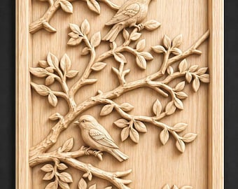 Birds on Tree Branch 3D Relief STL File | Nature Wood Carving Panel (CNC Router)