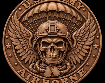US Army Airborne Skull 3D Relief STL | Parachute Wings CNC Wood Carving File | Military Bas Relief Plaque