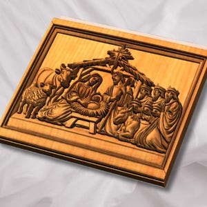 May include: A wooden relief carving depicting the Nativity scene. The artwork features Mary, Joseph, baby Jesus, animals, and the three wise men. The relief is framed and has a warm, natural wood tone.