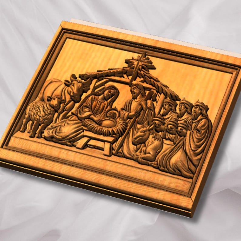 May include: A wooden relief carving depicting the Nativity scene. The artwork features Mary, Joseph, baby Jesus, animals, and the three wise men. The relief is framed and has a warm, natural wood tone.