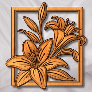 May include: A rectangular wooden wall plaque featuring a carved relief of a lily flower with a prominent bloom and a closed bud. The natural light brown wood grain is visible throughout the floral design and the surrounding frame border.