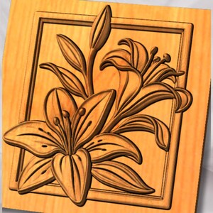 May include: A light brown wooden panel featuring a relief carving of a lily flower with a central bloom, a smaller bud, and several leaves. The floral design is contained within a rectangular frame carved directly into the wood surface.