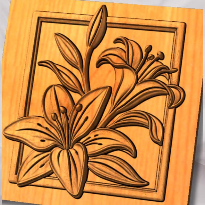 May include: A light brown wooden panel featuring a relief carving of a lily flower with a central bloom, a smaller bud, and several leaves. The floral design is contained within a rectangular frame carved directly into the wood surface.