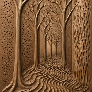 May include: A light brown wooden wall panel featuring a deep relief carving of a forest path. The design includes tall trees with bare branches, a wavy ground texture, and side walls with circular and vertical carved patterns in a monochromatic finish.