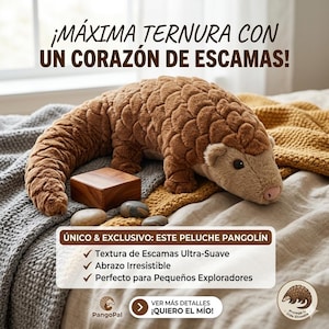 May include: A brown plush pangolin toy with a textured scale pattern, a soft beige face, and a pink nose. The image includes text in Spanish: "¡MÁXIMA TERNURA CON UN CORAZÓN DE ESCAMAS!", "ÚNICO & EXCLUSIVO: ESTE PELUCHE PANGOLÍN", and "VER MÁS DETALLES ¡QUIERO EL MÍO!".
