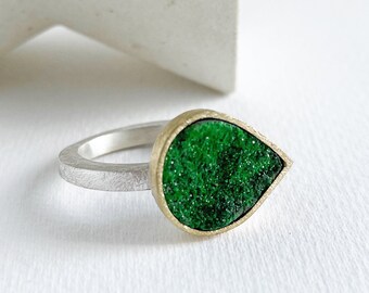 Uvarovite druse ring in teardrop shape, silver and gold green druse stone ring, gift for woman rustic boho style