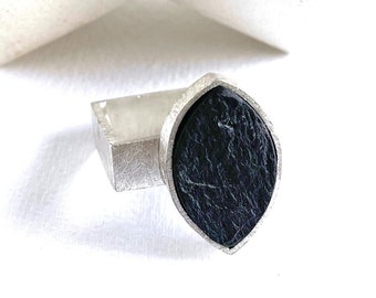 Slate ring for women, sculptural ring and black stone marquise, modern black slate ring gift for her