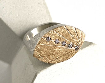 Big silver and 18K gold ring, textured ring with diamonds, diamonds sculptural ring, exclusive OOAK ring for women