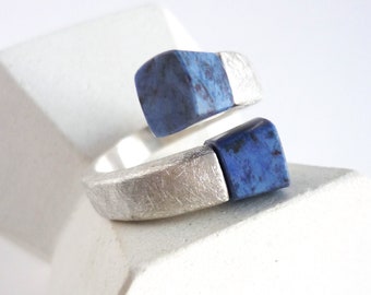 Statement silver double blue stone ring, open ring with matte blue stones, silver ring with cubic dumortierite, ring gif for mother