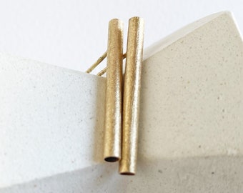 Minimalist solid gold earrings, matte gold earrings, Modern vertical bar earring, gift for woman, Contemporary jewelry
