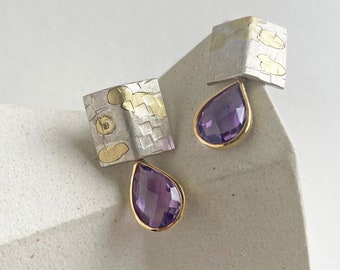 Modern amethyst teardrop earrings for women, earrings silver and gold with hammered texture, birthstone february gift for mothers