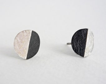 Black and white silver stud earrings, minimalist oxidized silver earrings, unisex sculptural round earrings, girl graduation gift