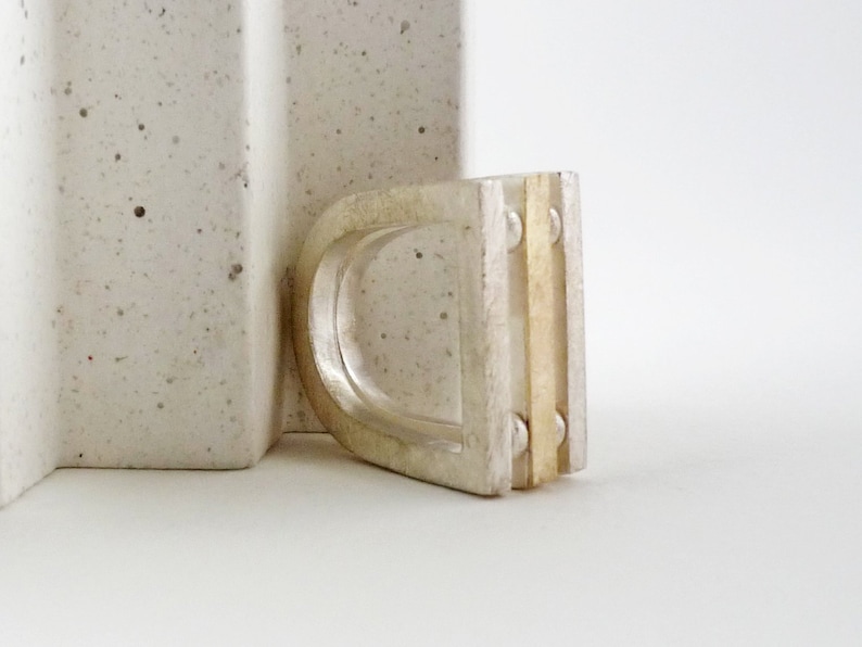 architectural ring with two silver bars and one gold bar for women architecture lovers