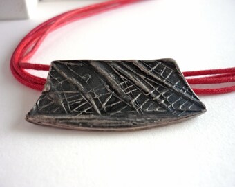 Black silver and red cotton cord pendant, organic and artistic jewelry, necklace leaf texture present for her