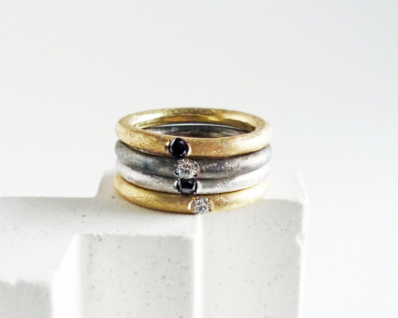 Modern wedding ring in yellow gold and white diamond, minimalist engagement ring, ring for bride and groom, MADE TO ORDER image 1