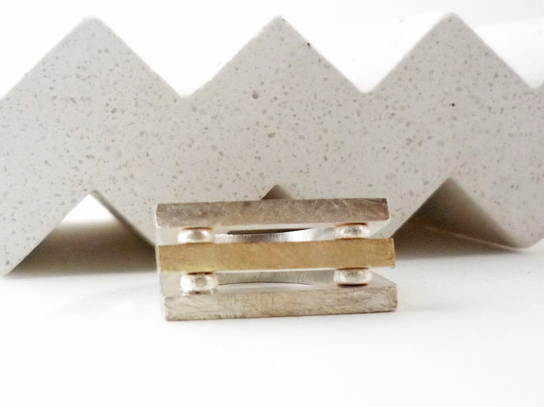 architectural ring with two silver bars and one gold bar for women architecture lovers