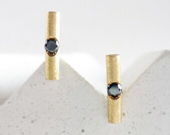 Simple bar earrings, black diamond and 18K yellow gold stud earrings, simple button earrings gift for young woman