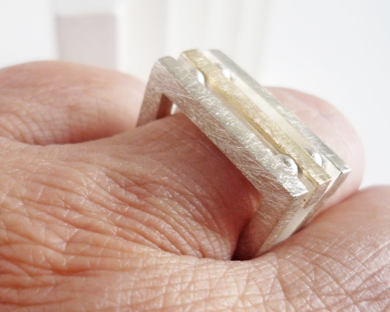 architectural ring with two silver bars and one gold bar for women architecture lovers