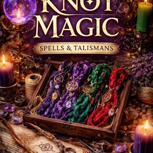 Op de afbeelding: Een houten kist met vier kleurrijke gevlochten koorden met bedels, naast een boek, een schaar en kaarsen. De tekst "KNOT MAGIC SPELLS & TALISMANS" staat boven de kist, wat wijst op een thema van hekserij.