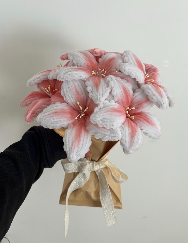 Pink & White Lily Bouquet – Handmade Pipe Cleaner Flowers, Faux Floral Gift, Custom Order image 4