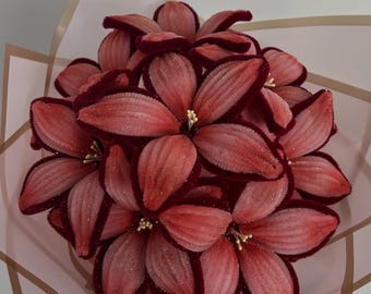 Glittery Pink & Red Lily Bouquet – Handmade Pipe Cleaner Flowers, Faux Floral Gift, Custom Order