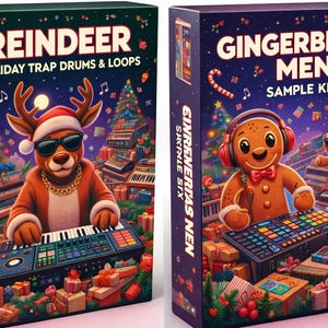 Könnte beinhalten: Zwei Produktboxen mit festlichen Illustrationen. Eine zeigt ein Rentier mit Weihnachtsmütze und Sonnenbrille, das ein Keyboard spielt, mit der Aufschrift "REINDEER Holiday Trap Drums & Loops". Die andere Box zeigt einen Lebkuchenmann mit Kopfhörern, mit der Aufschrift "GINGERBREAD MEN Sample Kit."