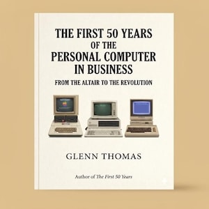 May include: A book cover titled "The First 50 Years of the Personal Computer in Business" with three vintage computers. The author's name is Glenn Thomas. The subtitle reads "From the Altair to the Revolution."