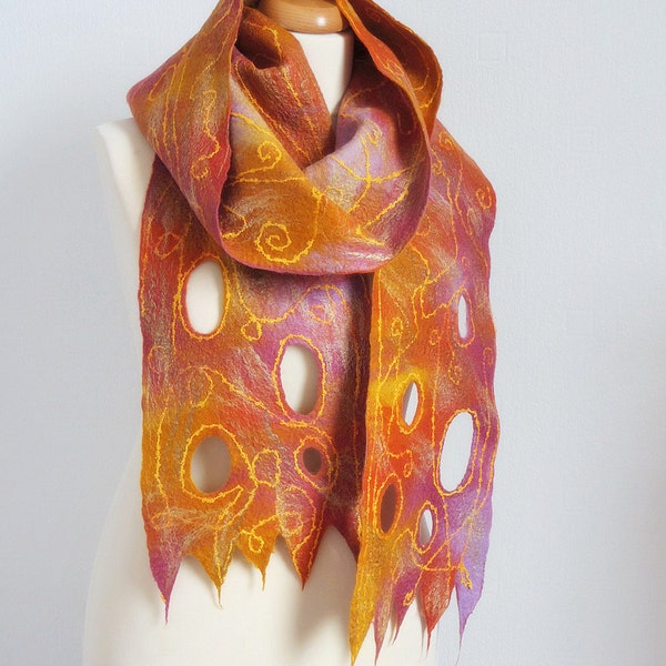 40% OFF Madagascar. Colourful extra long wet felted scarf; yellow, rust, beige, ochre, lilac. Unique one-of-a-kind accessory