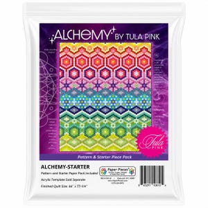 May include: A clear plastic package containing a quilting pattern and starter piece pack. The design features a colourful geometric pattern with hexagons and stars. The package includes the text "ALCHEMY BY TULA PINK" and "ALCHEMY-STARTER". Finished quilt size is 168 cm x 196 cm.