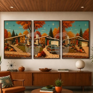May include: A triptych wall art set depicting a mid-century modern house during autumn. The scene features orange and yellow trees, a blue sky with star accents, a driveway with a wood-paneled station wagon, and pumpkins on the lawn.